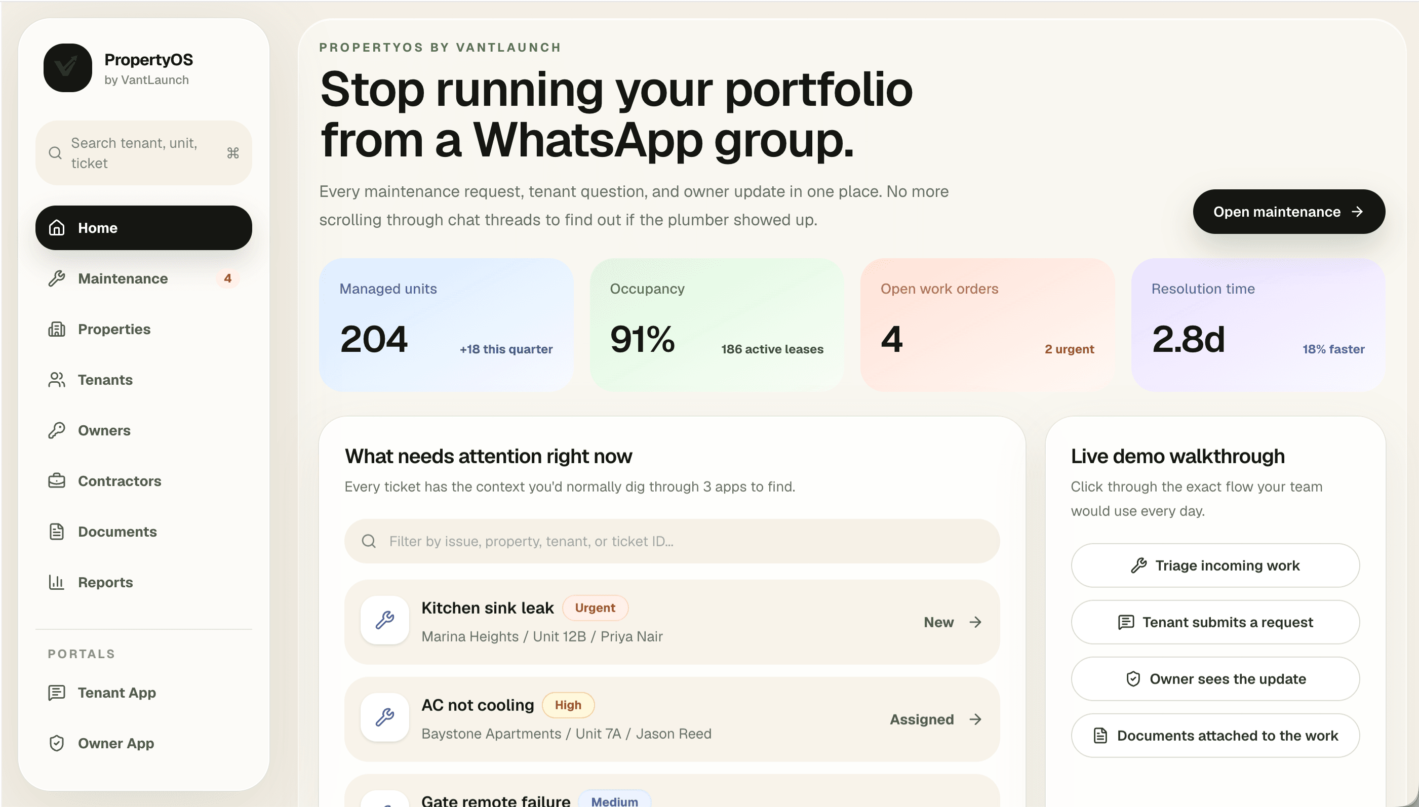 PropertyOS manager dashboard
